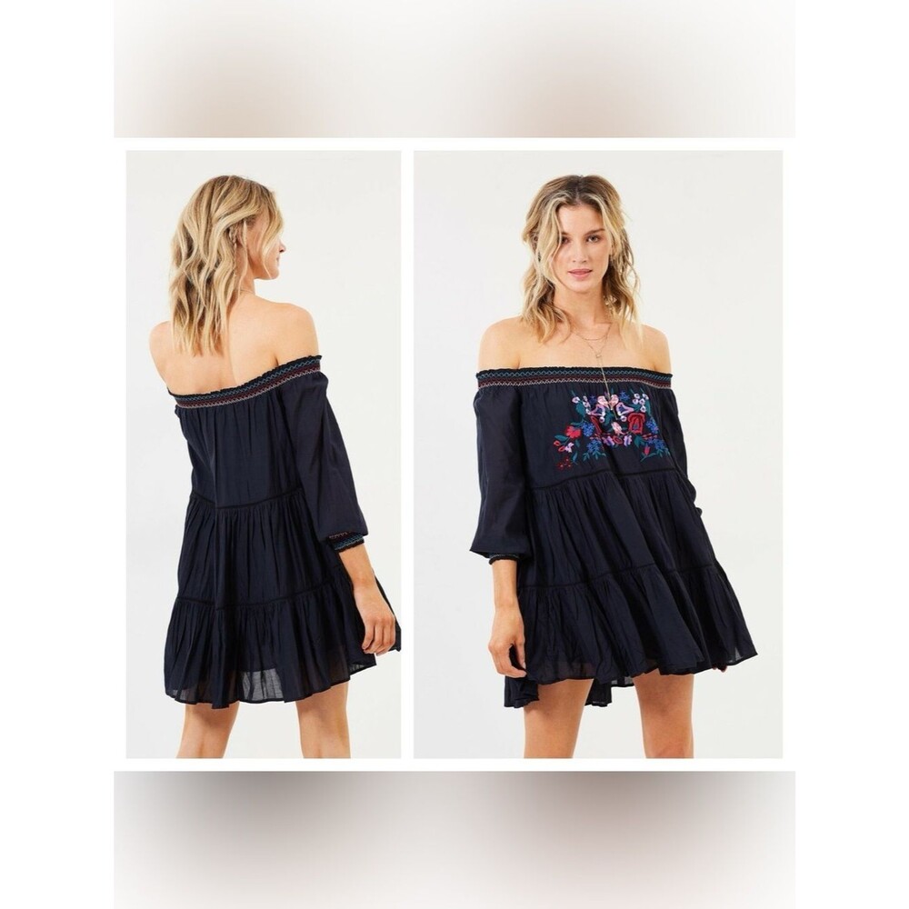 Free People Navy Off-Shoulder Embroidered Mini Dress Size Small